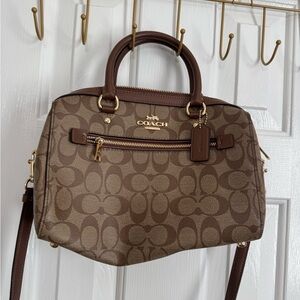Coach Brown Signature Canvas Satchel with Gold Hardware